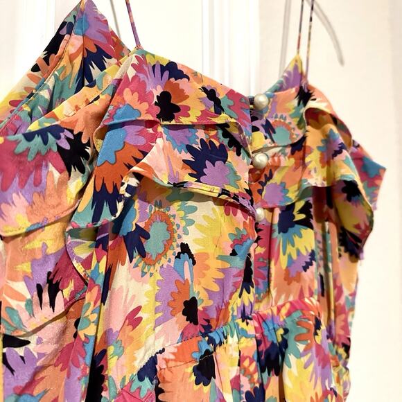 Tibi Colorful Floral Ruffles Silk Boho Romper Sz 2 Strappy Summer Vacay Festival - Picture 10 of 11